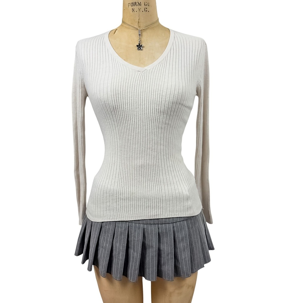 Y2K White Minimal Ribbed Sweater Top Long Sleeve Layer Fall Preppy M